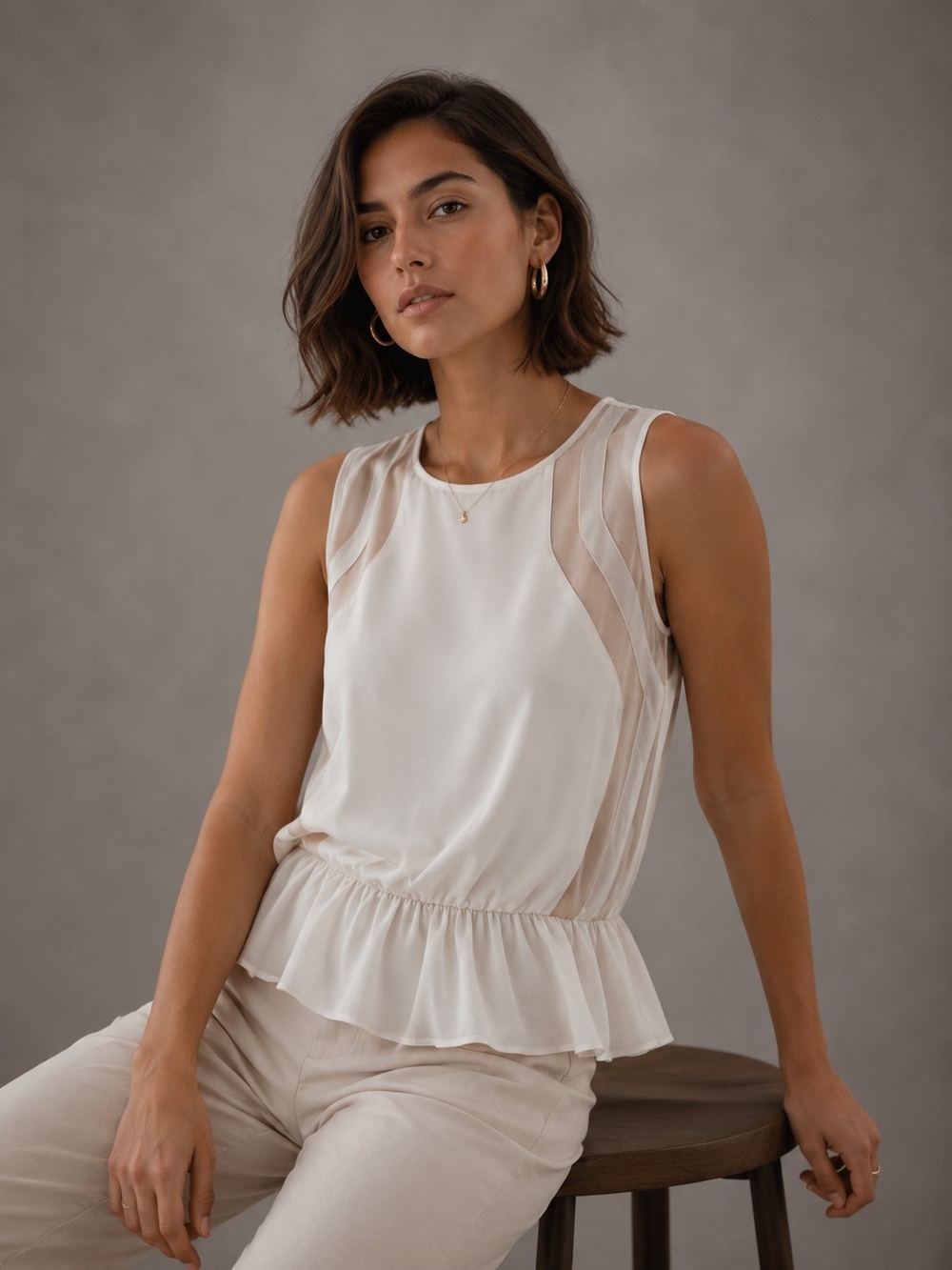 Ivory Peplum Blouse Chiffon Sleveesless Crew Neck Minimalist Chic Quiet Luxury